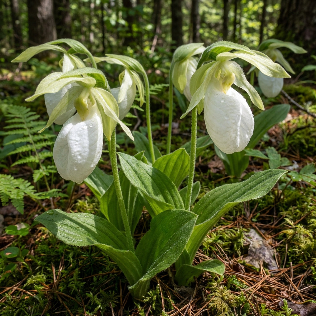 White Lady’s Slipper Flower Seeds – Rare Woodland Orchid with Elegant Spring Blooms